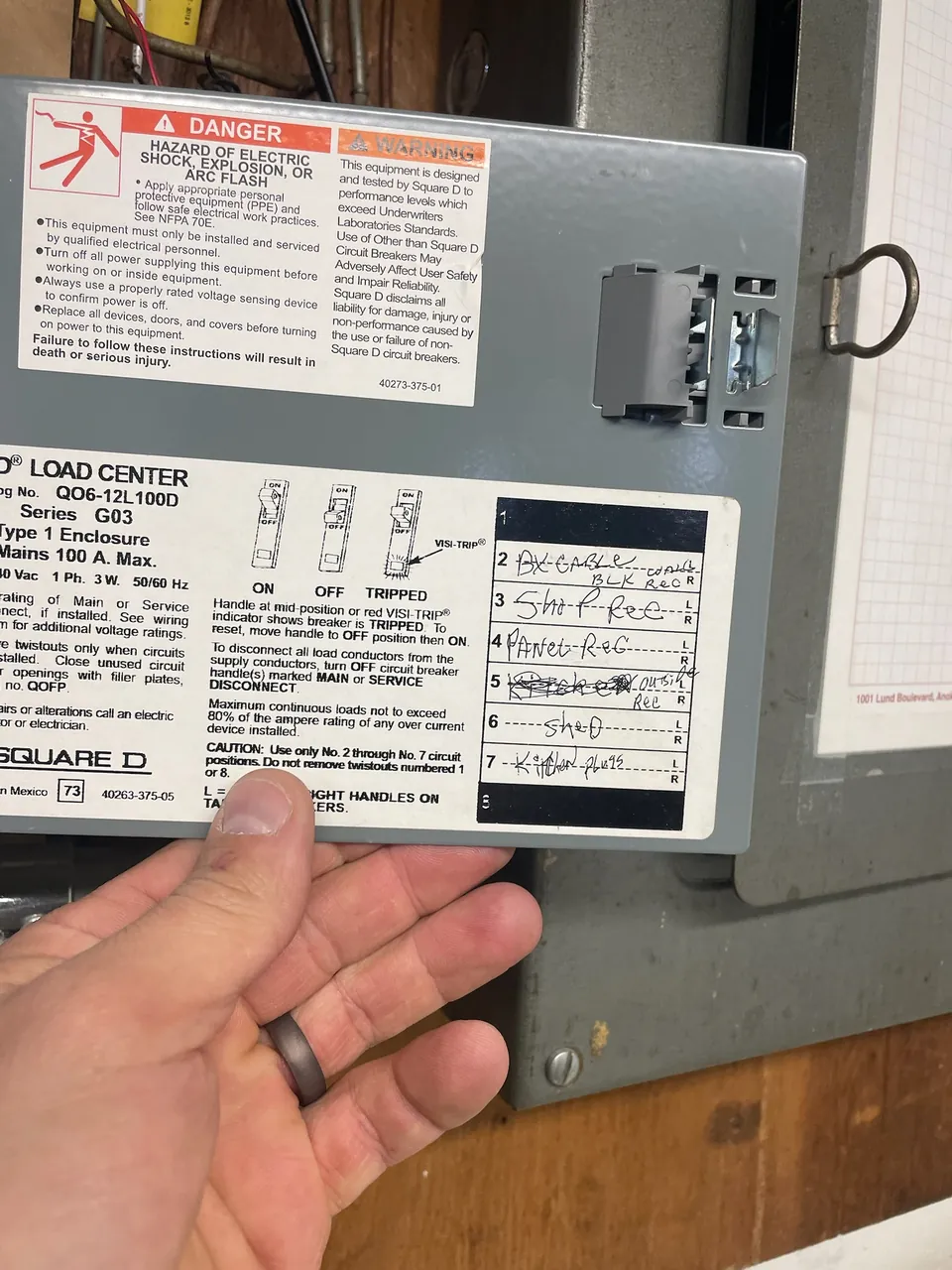 Electrician holding open a Square D load center label